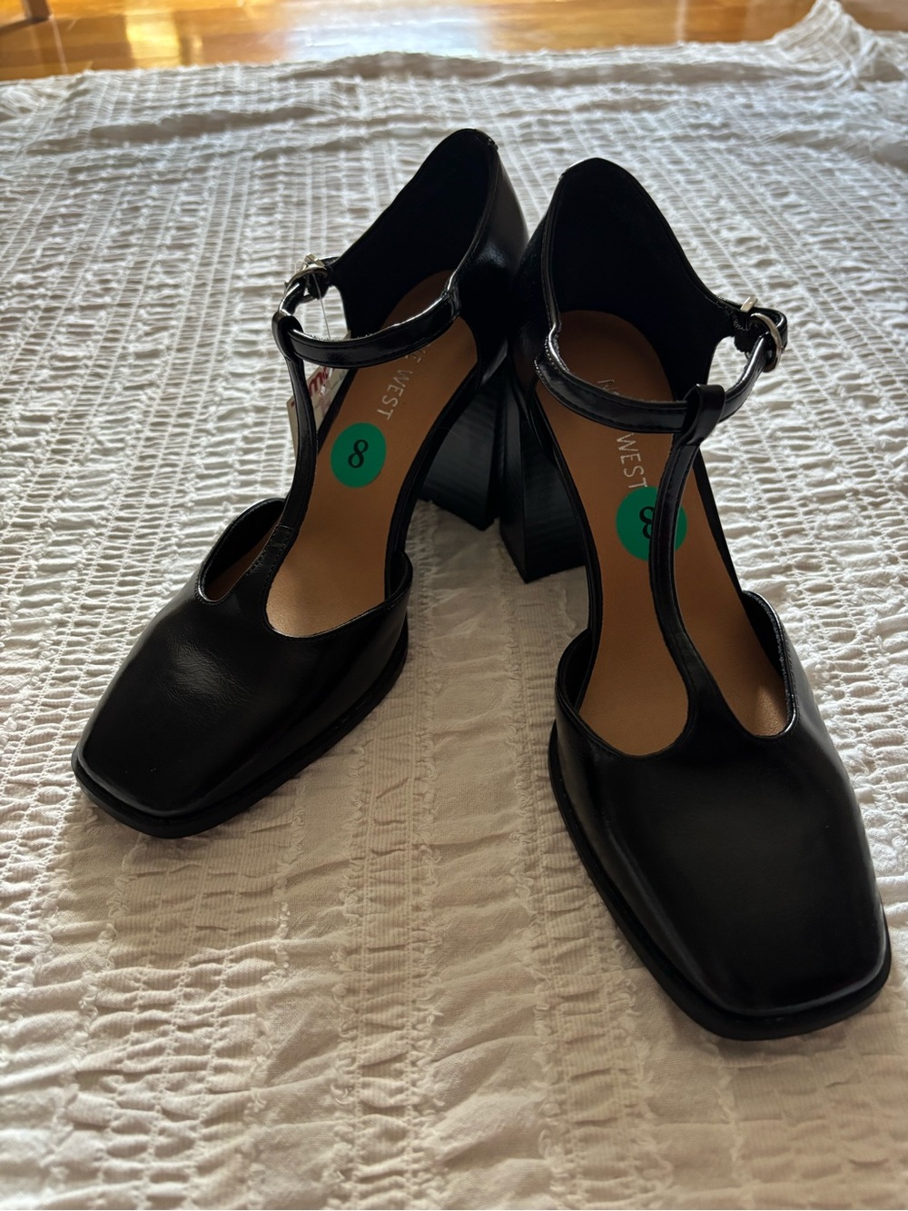Nine West Black T-Strap Square-Toe Block Heels